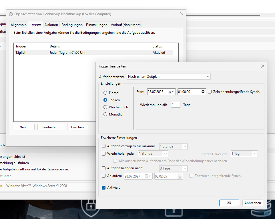 Windows-Taskplaner mit lionbackup-Task